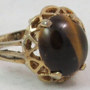 Vintage Gold Plated Silver Ring with Oval Tiger's Eye Cabochon Size 5.5